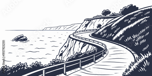 Aerial view of a winding road surrounded by lush green trees and a river. Vector