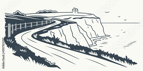 A scenic view of a train track winding through a mountainous landscape Vector