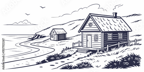 A serene countryside scene with a farmhouse and rolling hills under a cloudy sky Vector