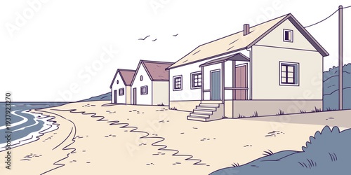 A serene beach house with a white exterior and blue roof overlooking the calm ocean. Vector