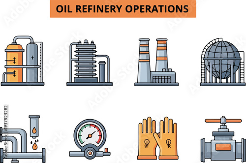 Oil refinery operations graphic Eight icons depict machinery gloves and instruments