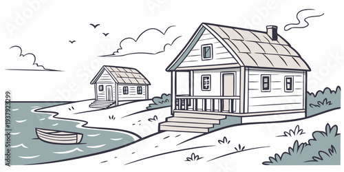A picturesque house by the sea with birds flying in the sky and waves crashing against the shore. Vector