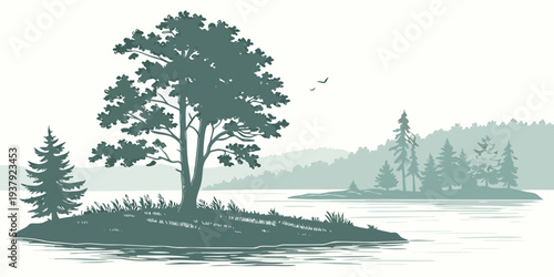 A serene landscape with a large tree standing tall amidst a peaceful forest. Vector