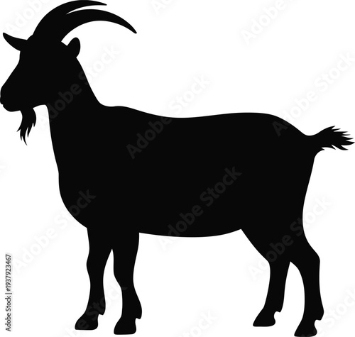 Black silhouette of a goat with horns and beard animal