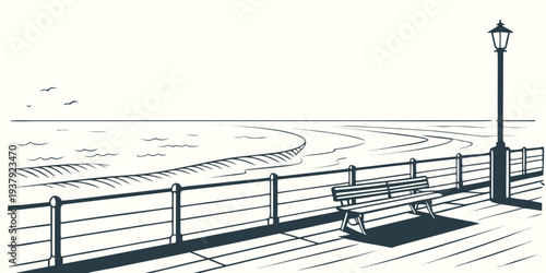 People walking along a pier on a sunny day with birds flying overhead Vector