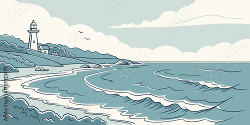 A lone figure stands on a cliff overlooking a vast, stormy ocean. Vector