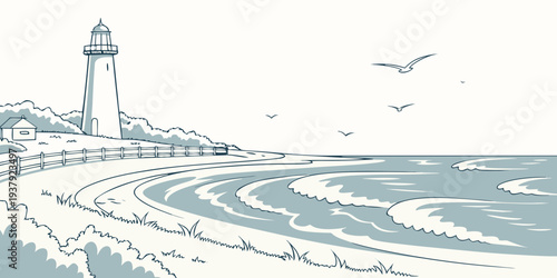 A serene beach scene with a lighthouse and seagulls flying over the calm waters Vector