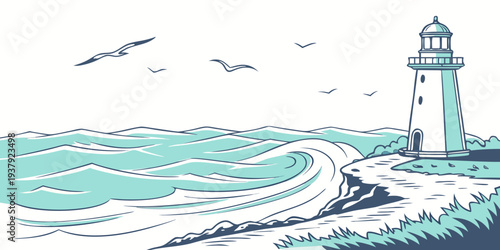 A serene lighthouse standing tall amidst the crashing waves of the ocean Vector
