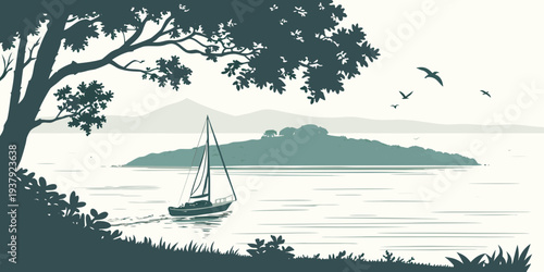 A serene landscape featuring a large tree and a small boat on a calm lake. Vector
