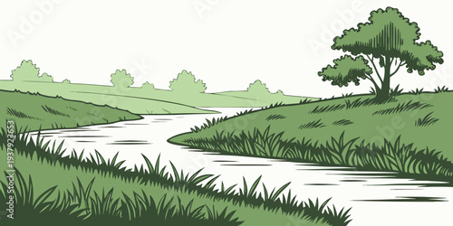 A serene landscape with a winding path leading through a lush green field towards a solitary tree. Vector