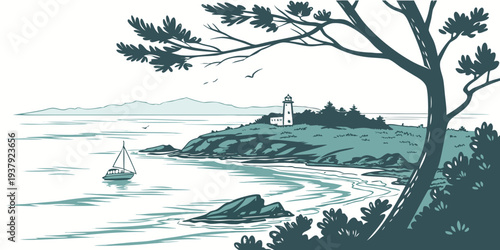 A serene landscape with a tree overlooking a calm body of water under a clear sky. Vector