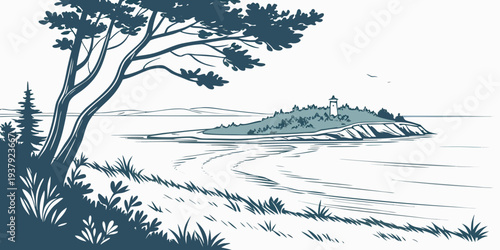 A serene scene of a solitary tree standing tall on a rocky shore with waves crashing nearby. Vector