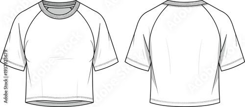 Women's Cropped Raglan T-shirt Technical Fashion Flat Sketch Front and Back View White Short Sleeve Athletic Crop Top Vector Template