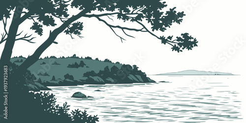 A serene lakeside scene with a solitary tree standing tall on the shore Vector