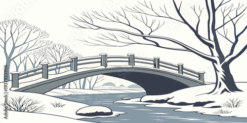 A serene winter landscape with a frozen creek and bare trees. Vector