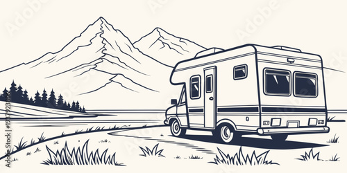 A vintage camper van parked in front of a majestic mountain range Vector