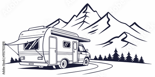 A charming house nestled in a picturesque mountain landscape with snow-capped peaks. Vector