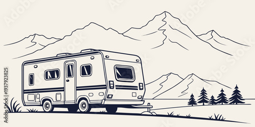 A vintage camper van parked in front of a majestic mountain range. Vector