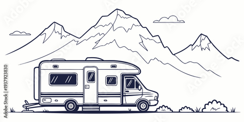 A vintage camper van parked in a scenic mountain landscape with snow-capped peaks. Vector
