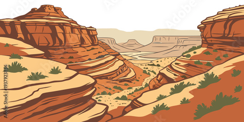 A vast and intricate network of canyons and mesas under a clear blue sky. Vector