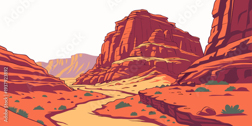 A vast desert landscape with towering rock formations under a clear blue sky Vector