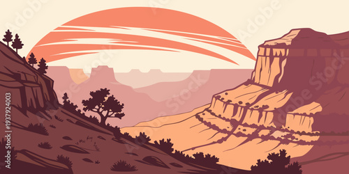 A serene desert landscape with a vibrant sunset and ancient ruins in the distance Vector