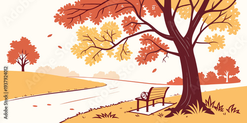 A serene autumn landscape with a tree shedding its leaves and a peaceful countryside scene. Vector