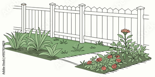 A serene garden with a white picket fence and blooming flowers. Vector