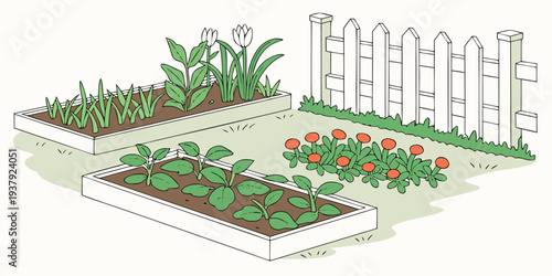 Aerial view of a lush garden with a variety of plants and a white picket fence Vector