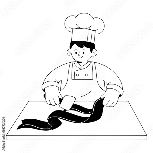 Artisan Chef Tempering Chocolate Illustration or Minimalist Chocolate Maker Line Art