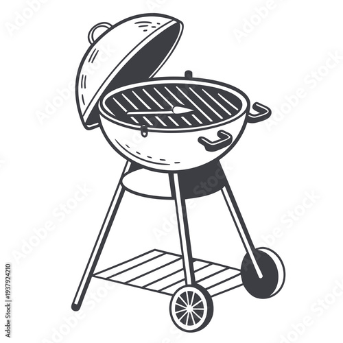 A black and white illustration of a classic grill with wheels and lid open Vector