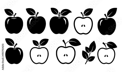 Apple Fruit Silhouette Set with Leaves Vector Collection Isolated on White Background