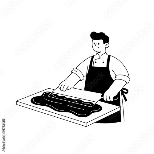 Artisan Chef tempering chocolate minimalist line art illustration or Culinary artist preparing dessert trendy line drawing