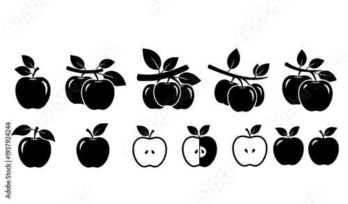 Apple Tree Fruit Silhouette Icon Set with Leaves Vector Orchard Collection on White