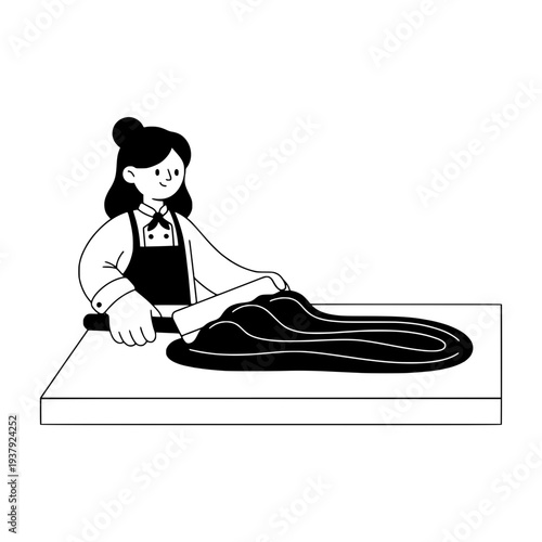 Artisan chocolate tempering line art or Confectioner preparing chocolate outline illustration