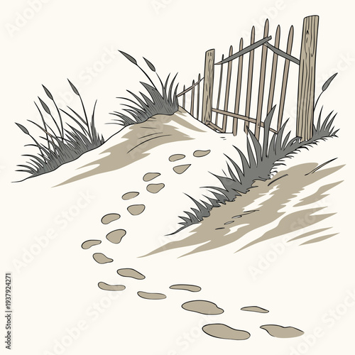 A serene beach scene with footprints and a weathered wooden fence. Vector