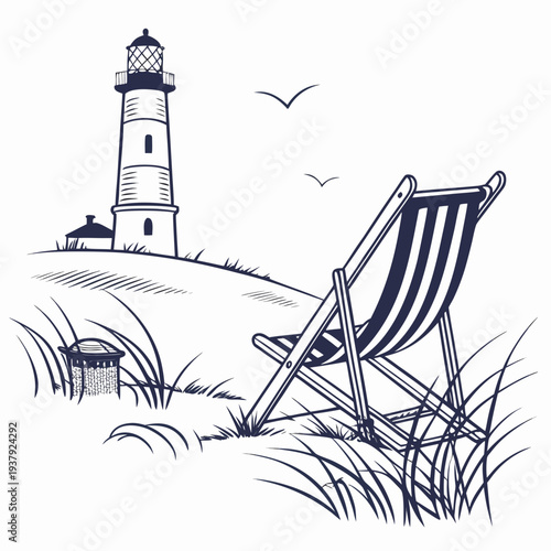 A serene beach scene with a lighthouse and a comfortable deck chair. Vector