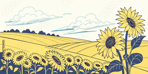 A vibrant landscape painting of a hillside with a winding path and a clear blue sky Vector