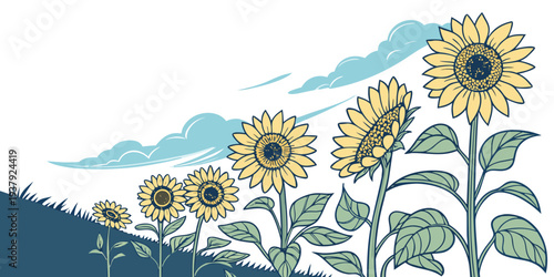 A serene landscape of tall sunflowers swaying gently by the ocean shore. Vector