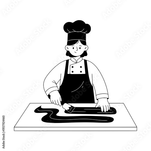 Black and white line art of a chocolatier tempering chocolate or Professional food artist monochrome illustration preparing dessert