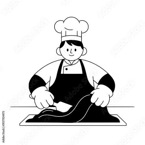 Chef at work line art illustration or Confectioner tempering chocolate minimal drawing