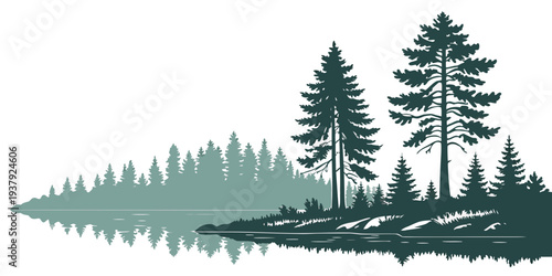 A serene forest landscape with trees reflecting on a calm body of water Vector