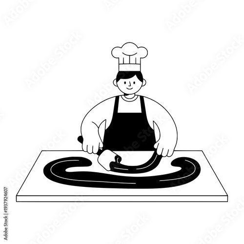 Chef with chocolate drawing illustration or Confectioner shaping chocolate illustration