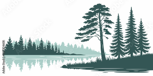 Serene lake surrounded by tall pine trees in a misty forest landscape Vector