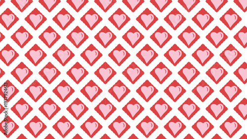 A seamless pattern featuring red diamond shapes, each enclosing a soft pink heart, set against a clean white background.