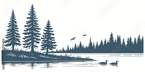 A serene lake surrounded by tall pine trees under a clear blue sky Vector