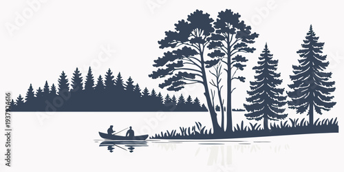 A serene scene of a person kayaking through a calm lake surrounded by tall trees Vector