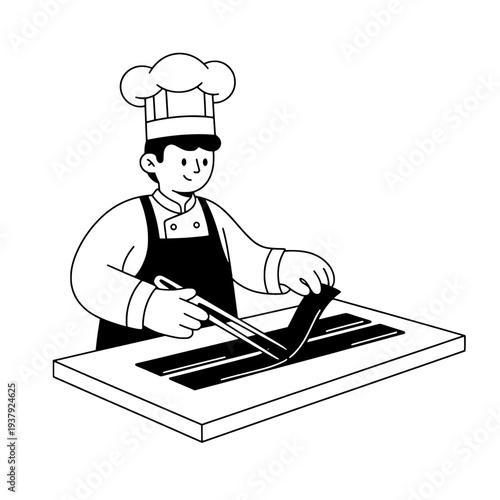 Chef tempering dark chocolate illustration or Baker working with chocolate line art