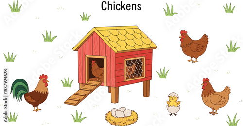 Adorable Farm Illustration Set Featuring a Red Wooden Chicken Coop with Roosters Hens a Small Chick and a Nest of Eggs in a Grassy Field.