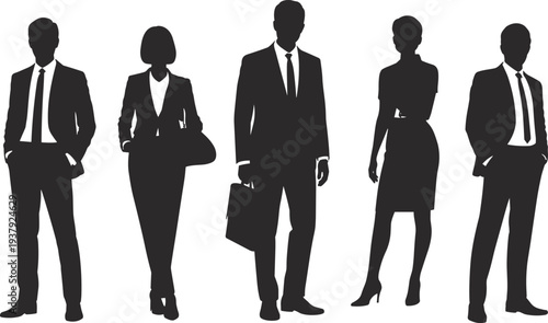 Group of professional business people silhouettes in formal suits and corporate attire standing together isolated on white background for leadership and teamwork concept